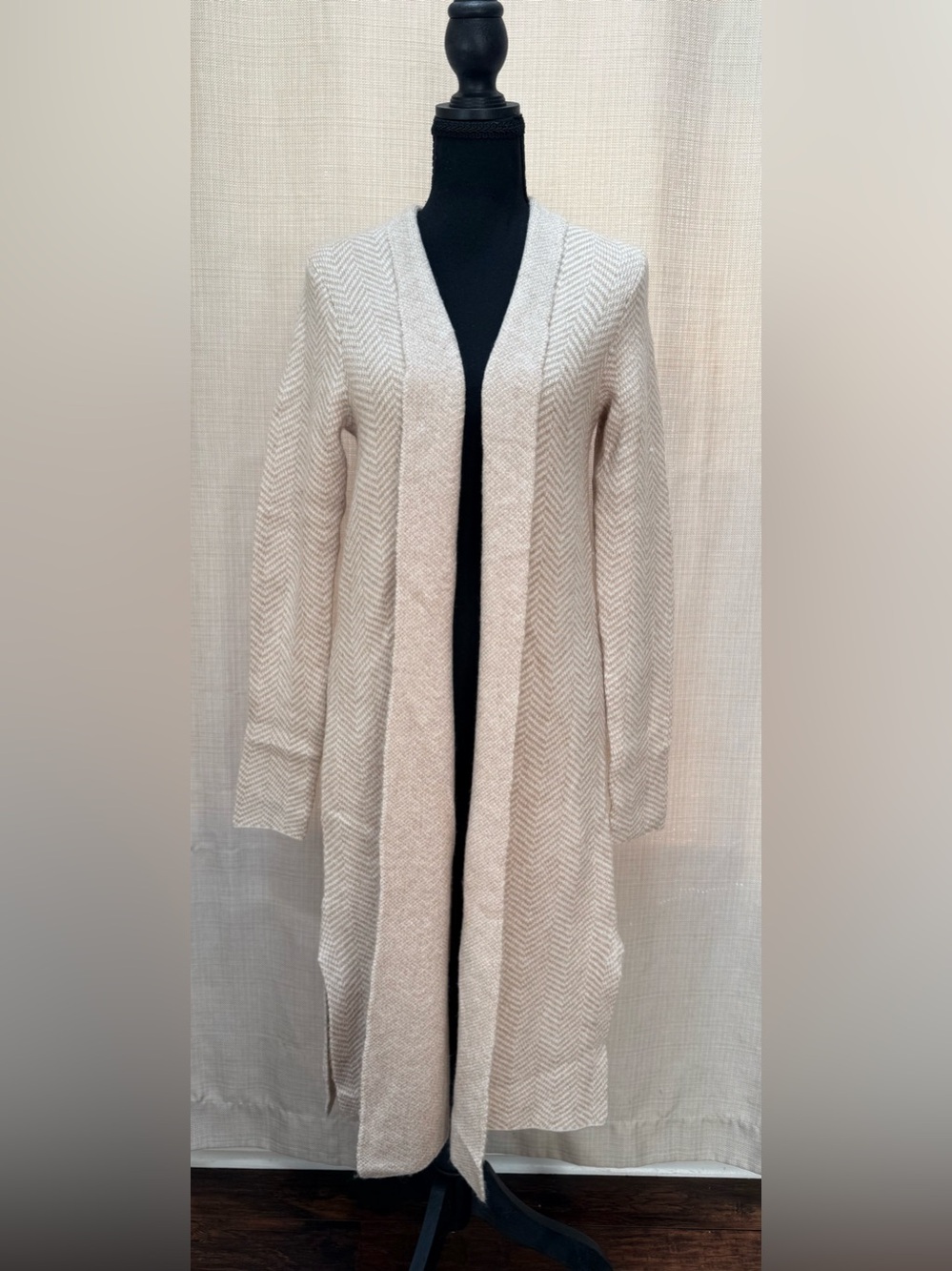 LOFT Long Cardigan Sweater Womens S Beige Herringbone Wool Blend Duster NWT